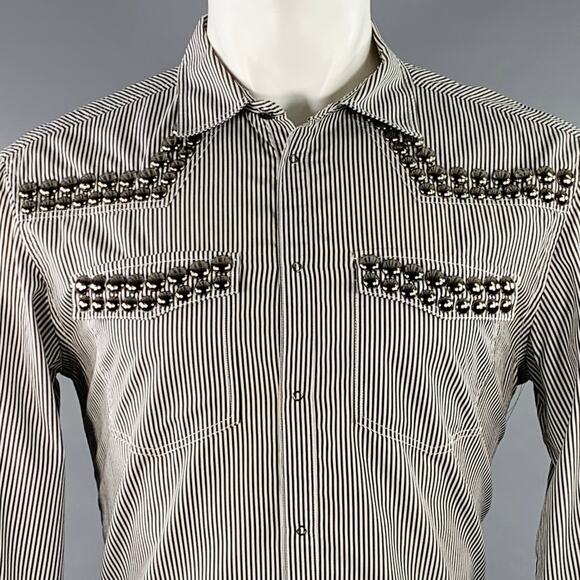 PIERRE BALMAIN Size M Silver Black White Stripe Studded Cotton Long Sleeve Shirt - Picture 2 of 7